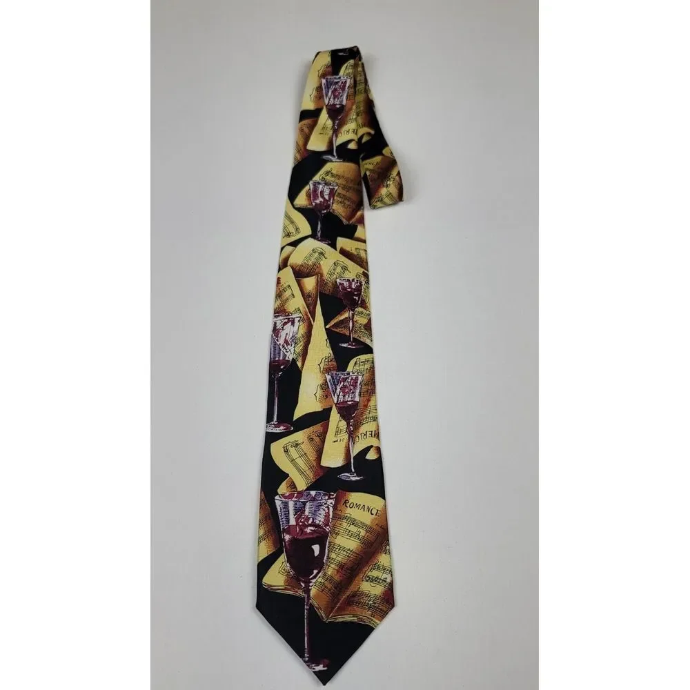 Beans McGee Glass of Wine & Music Neck Tie. Vtg 100% Silk Made In USA. Black Tan